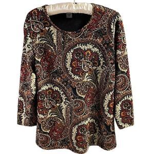 Alia Ladies Dress Paisley Blouse Top, Size Petite Small, Brown,Cream,Rust/Fall